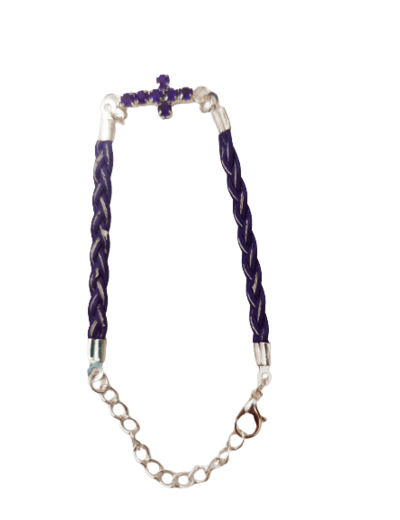 Bracelet métal argenté /simili cuir bleu - croix strass bleus