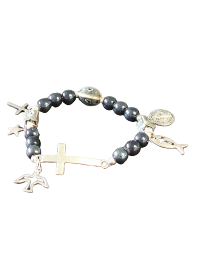 Bracelet élastique 8mm Céramique- Avec médaille 15mm Saint Benoît