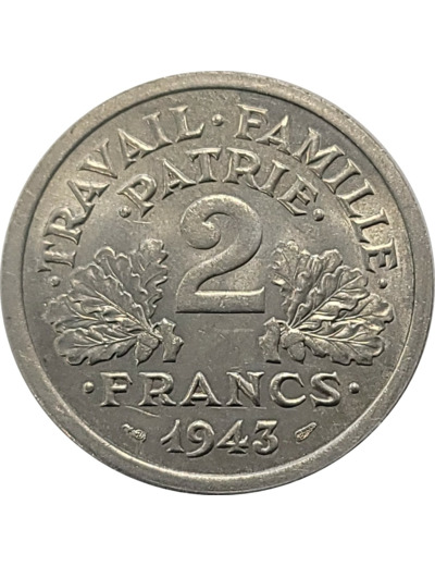 FRANCE 2 FRANCS BAZOR ALUMINIUM 1943 SUP (G536)