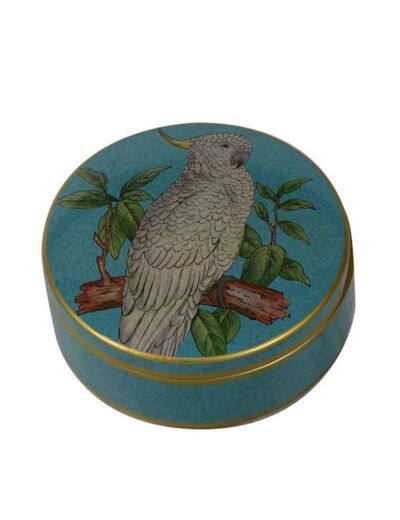Boîte ronde céramique Parrots turquoise doré 18cm