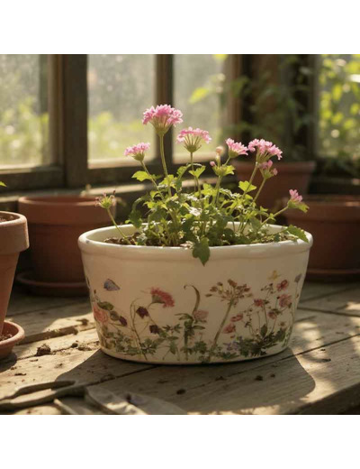 Pot de fleurs ovale beige rose céramique 27x13x14cm