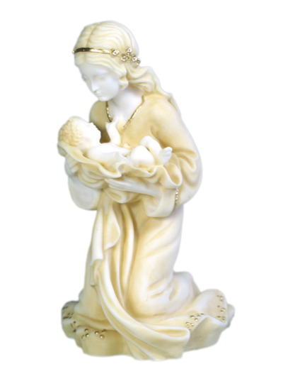 Vierge à l'Enfant - Statue en albâtre 15cm -Beige et Or