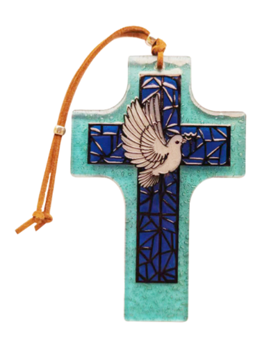 Croix en verre 8x12cm- COLOMBE + CROIX-VITRAIL bleue