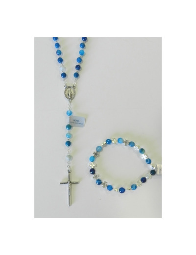 Coffret Chapelet +bracelet-dizainier argenté- AGATE BLEUE
