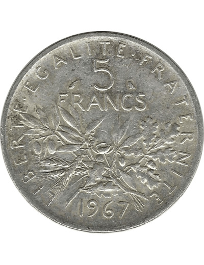 FRANCE 5 FRANCS ROTY ARGENT 1967 TTB