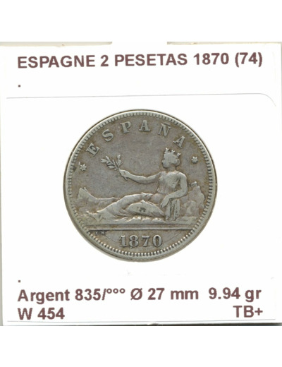 Espagne ( SPAIN ) 2 PESETAS 1870 (74 ) TB+