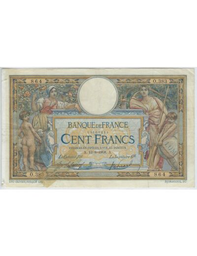 FRANCE 100 FRANCS L.O.M avec LOM SERIE O.383 19-8-1908 TB+ scotch