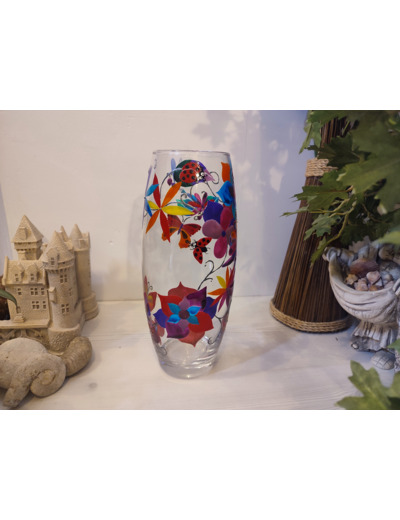 Grand Vase multicolore peint à la main sur le thème des coccinelles et des papillons