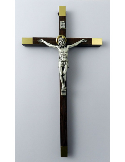 Crucifix WENGE 23cm - Christ argenté auréole dorée