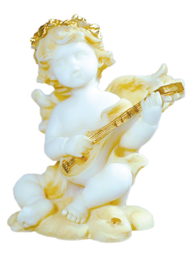 Statue en albâtre 9cm - ANGE MUSICIEN GUITARE Beige et Or