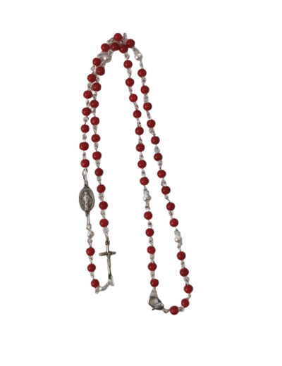 Collier Perles 4mm Croix + Médaille MIRACULEUSE - ROUGE