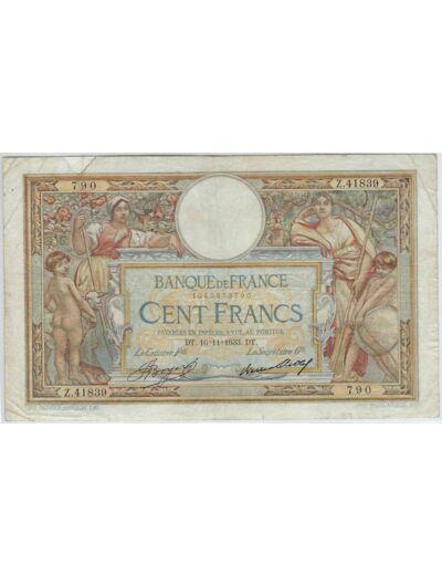 FRANCE 100 FRANCS MERSON SANS LOM SERIE Z.41839 16-11-1933 TB+