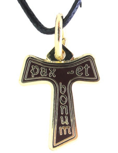 Croix Tau en Email  Dorée Or Fin 17mm avec Cordon