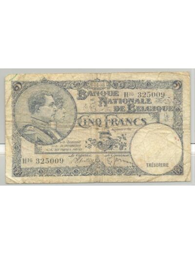 BELGIQUE 5 FRANCS 26-04-1938 SERIE H16 TB+