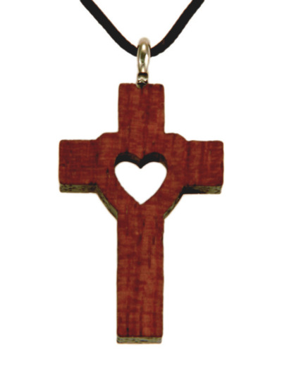 Croix en Bois d'Erable Vernis 3,2cm avec Cordon - COEUR ÉVIDÉ