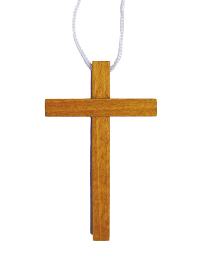 Croix d'Aube en bois ton CHÊNE MOYEN 9cm avec cordon Blanc