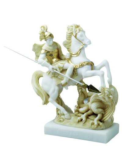 St Georges - Statue en albâtre 20cm -Beige et Or