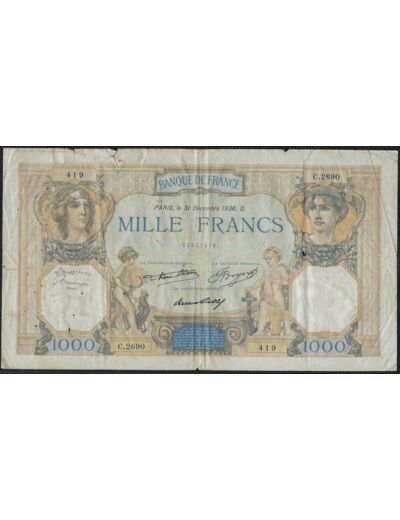 FRANCE 1000 FRANCS CERES ET MERCURE 31 DECEMBRE 1936 C.2690 TB