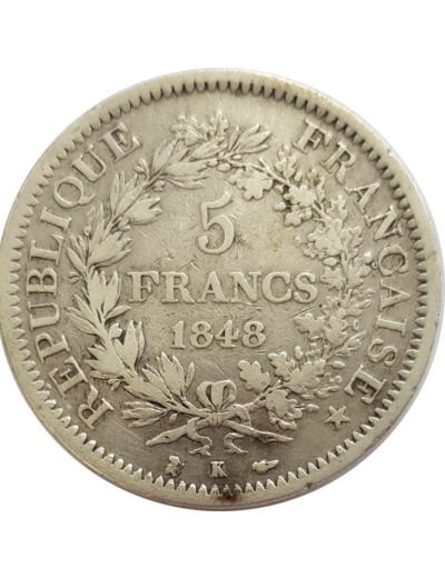 FRANCE 5 FRANCS HERCULE 1848 K TB+ N1