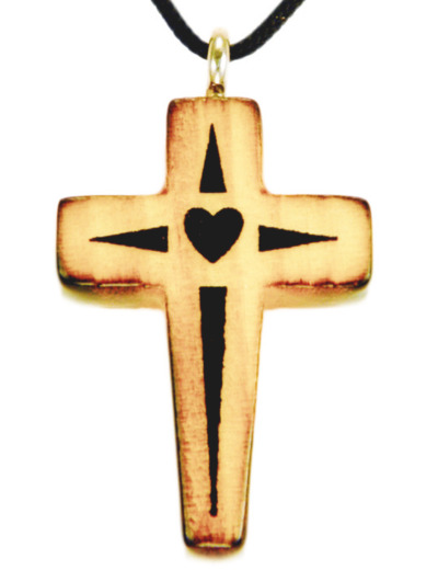 Croix en Bois d'Erable Vernis 3,5cm avec Cordon - COEUR