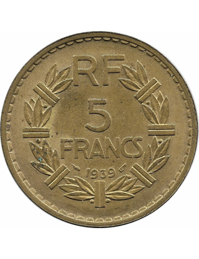 FRANCE 5 FRANCS LAVRILLIER Bronze-Alu 1939 TTB+