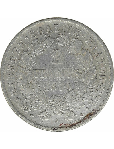 FRANCE 2 FRANCS CERES 1870 A petit A TB+