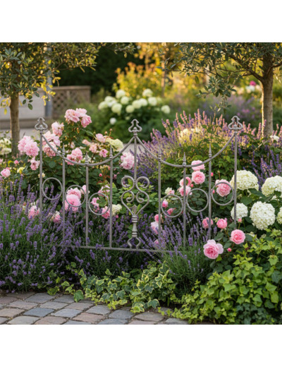Barrière Jardin Basse Cœurs en Fer Forgé Gris 73x90cm