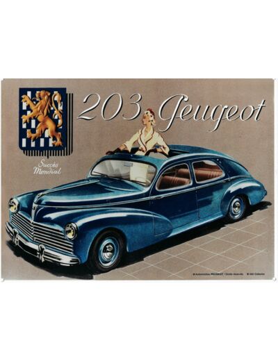 Plaque métal Peugeot 203, 40x30cm. Décoration vintage.