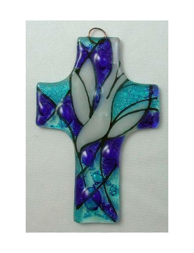 Croix en verre 8x12cm- VITRAIL COLOMBE- bleue