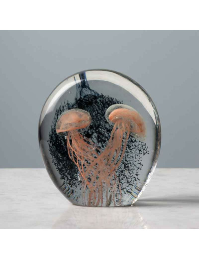 Sulfure aplatie 2 méduses roses verre 12x11x6cm