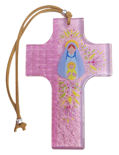 Croix en verre 8x12cm- VIERGE et ENFANT crayonnés