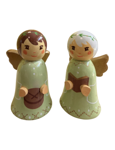 2 Anges en bois tourné Vert 7cm  - Tambour + Livre