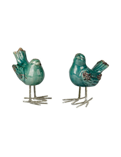 Ensemble 2 oiseaux fer décoratifs vert 13x15cm