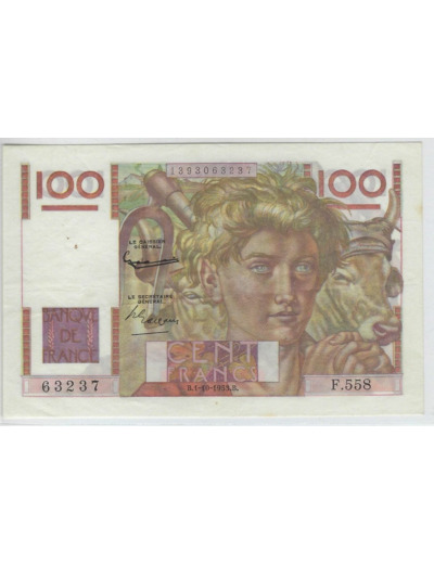 FRANCE 100 FRANCS JEUNE PAYSAN FILIGRANE INVERSE 1-10-1953 F.558 SUP