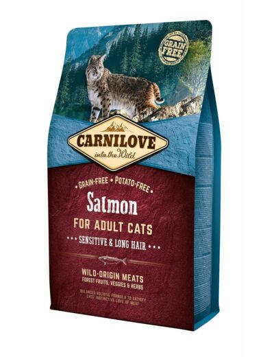 Croquettes Carnilove pour chat adulte sensible & poils longs au saumon - 2kg
