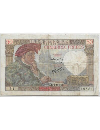 FRANCE 50 FRANCS JACQUES COEUR SERIE P.4 13-6-1940 TTB