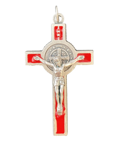 Croix St Benoît 53X29mm émail ARGENTÉ résine ROUGE