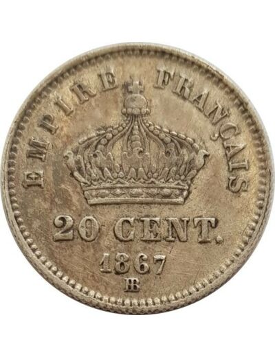 FRANCE 20 CENTIMES NAPOLEON III 1867 BB (Strasbourg) TTB+ N3