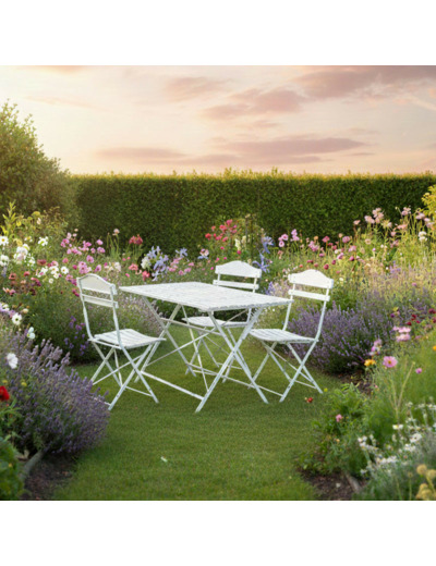 Ensemble table 4 chaises fer blanc 120x63x75cm