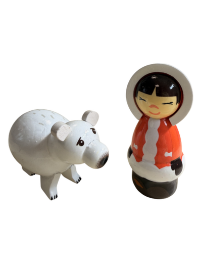 Esquimau et Ours en bois tourné 10cm + boite