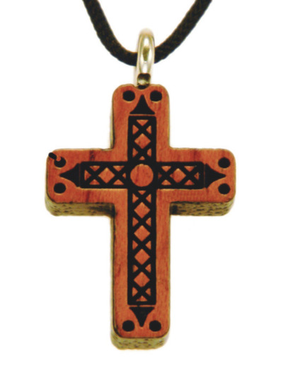 Croix en Bois d'Erable Vernis 2,5cm avec Cordon - MOTIF EN RELIEF