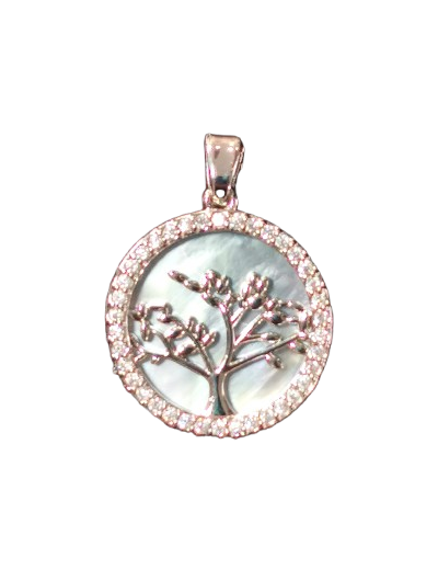 Pendentif en Nacre / Argenté 18mm - ARBRE DE VIE