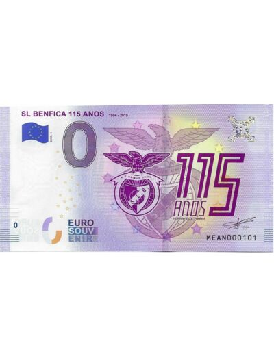 PORTUGAL 2019 -5 SL BENFICA 115 ANOS 0 EURO BILLET SOUVENIR TOURISTIQUE  NEUF