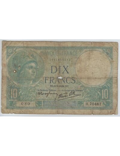 FRANCE 10 FRANCS MINERVE 6-7-1939 SERIE H.70467 TB-