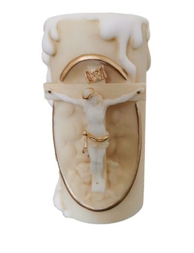 CHANDELLE EN  ALBATRE 11CM - Crucifixion Beige et Or