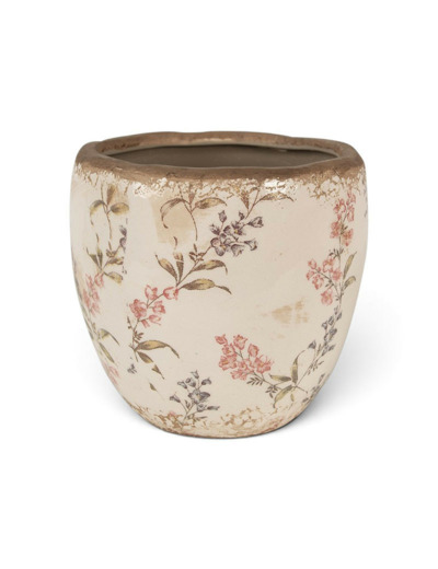 Pot de fleurs beige et rose en céramique motif fleurs 14x14 cm