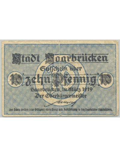 ALLEMAGNE (STADT SAARBRUCKEN) 10 PFENNIG 01-03-1919 TTB