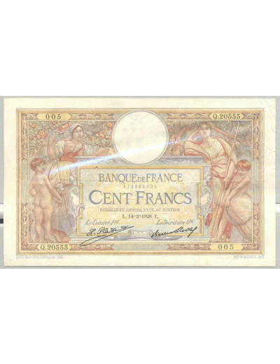 FRANCE 100 FRANCS MERSON SANS LOM SERIE Q.20555 14-2-1928 TTB+