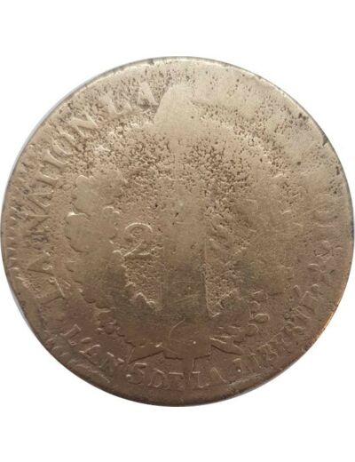 FRANCE LOUIS XVI 2 SOLS FRANÇAIS 1793 An 5 BB (Strasbourg) 20gr33 B+ nettoyée