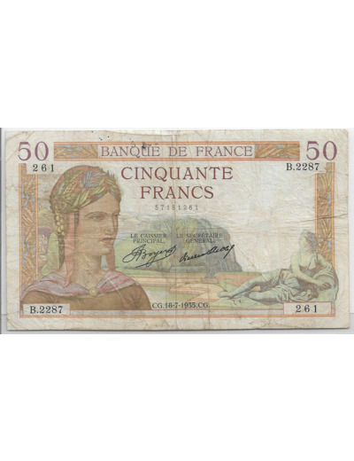 FRANCE 50 FRANCS CERES SERIE B.2287 18-7-1935 TB+